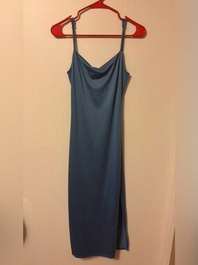 Slate Blue Cowl Neck Strappy Open Back Midi Dress